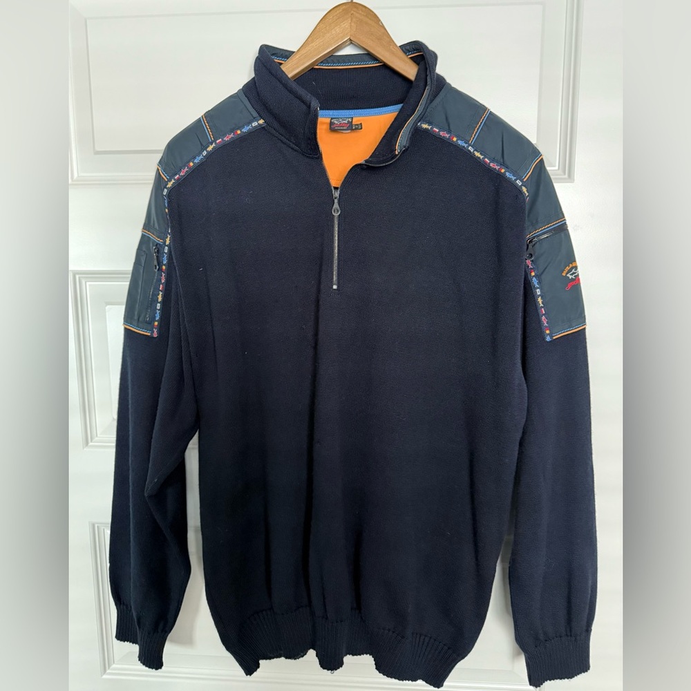 Paul & Shark Yachting Club Navy Zip-Up Wool Sweater with Embroidered Accents